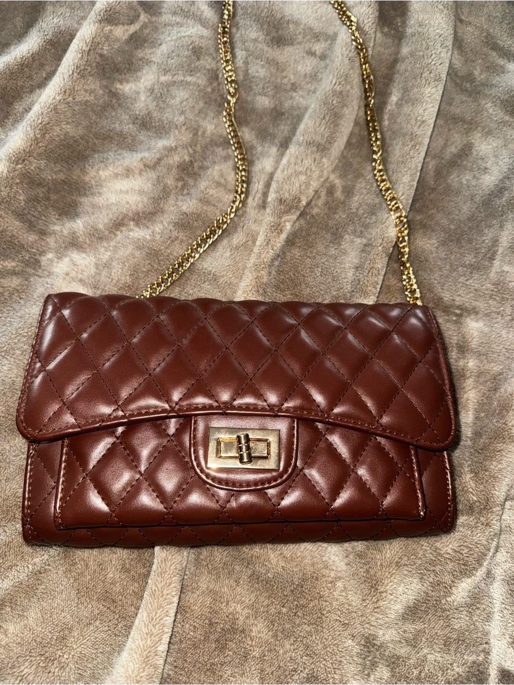 Quilted Brown Chain-Handle Shoulder Bag